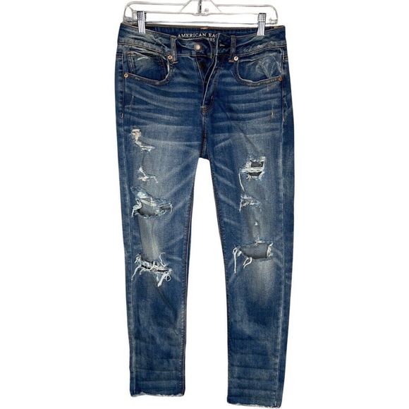 American Eagle Jeans Womens 2‎ Blue Tomgirl Relaxed Sloughy Fit Distress Destroy - Picture 1 of 8